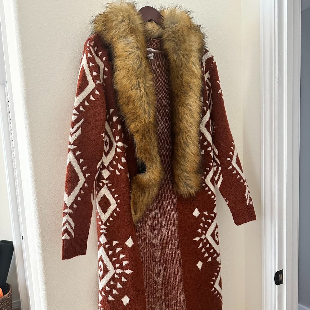 Maxi Cardigan with Faux Fur